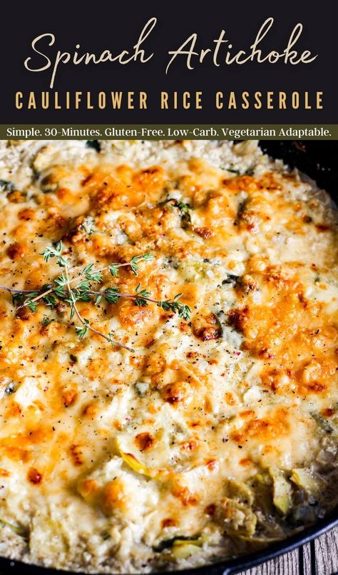 Casserole With Cauliflower Rice, Spinach Artichoke Casserole, Dinner Cauliflower, Artichoke Casserole, Cauliflower Rice Casserole, Veggie Mains, Bowls Recipes, Spinach Casserole, Keto Sides