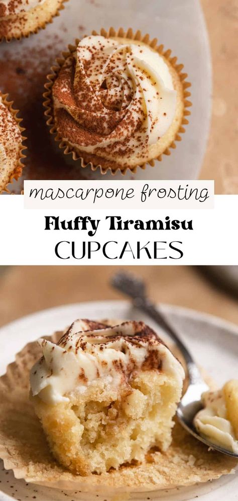 Tiramisu Cupcakes Julie Marie Eats Tiramisu Cupcakes, Tirimasu Cupcake Recipes, Tiramisu Cookie Cups, Vegan Tiramisu Cupcakes, Tiramisu Cupcakes Recipe, Recipe With Mascarpone, Fluffy Vanilla Cupcake Recipe, Mascarpone Frosting Recipe, Lasagna Cupcakes