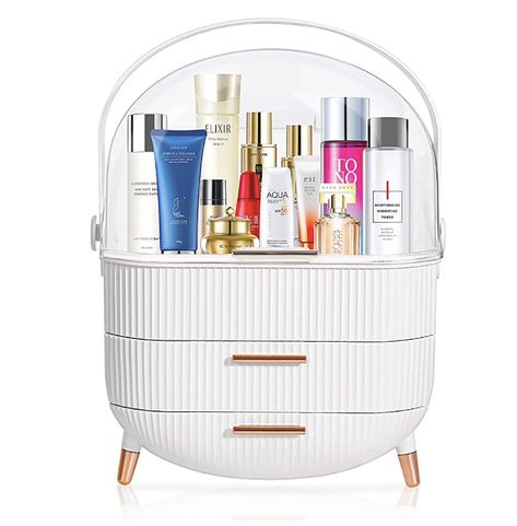 MASSY Egg Shape(Oval) Makeup Storage Box, Countertop Portable Vanity Cosmetics Organizer Preppy Style (White) Bedroom Vanity Desk, Portable Vanity, Oval Makeup, Makeup Storage Organization, Makeup Storage Box, Cosmetic Display, Plastic Organizer, Skincare Organization, Bedroom Vanity