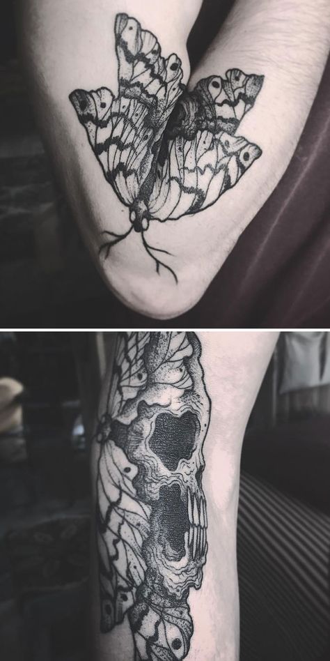 38 Times People Got Creative Tattoos That Transform When Their Bodies Move Moth Skull Knee Tattoo, Creative Moving Tattoos, Moving Leg Tattoo, Inner Elbow Butterfly Tattoo, Folding Tattoo Elbow, Elbow Moving Tattoo, Tattoos That Move, Moving Tattoo Ideas Leg, Elbow Bend Tattoo Women