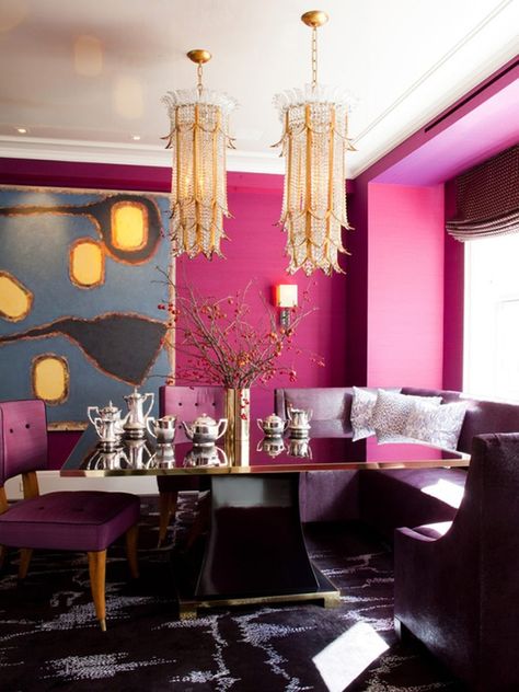 amanda-nisbet-design-magenta-pink-fuschia-dining-room-decor-2 Purple Furniture, Eclectic Dining Room, Eclectic Dining, Purple Rooms, Radiant Orchid, Maximalism, Pink Interior, Pink Walls, Dining Room Design