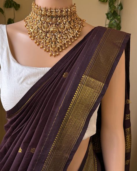 Www.thejacouture.in > Full Butta Traditional cotton silk saree > coffee brown cotton silk saree. . Saree Description: Coffee brown cotton silk saree with contrast zari border and butta all over. Comes with running blouse. Saree height: 46 inches. Saree length: 5.5 meters. Blouse : 80cm Care: Normal wash. priced:1450/- INR For for details and query direct message us❤️. . #saree #sareelove #sareelovers #sareeblouse #sareefashion #sareedraping #sareepact #sareeblousedesigns #sareeinspira... Brown Saree With Contrast Blouse, Marron Saree With Contrast Blouse, Semi-stitched Brown Saree For Wedding, Unstitched Brown Saree, Brown Cotton Saree, Saree Styles, Saree Blouse Designs, Saree Blouse, Cotton Silk