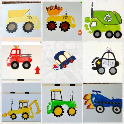 Ambulance Footprint Craft, Transportation Footprint Art, Infant Transportation Crafts, Preschool Transportation Art, Footprint Vehicles, Transportation Crafts For Infants, Transportation Art For Toddlers, Transportation Crafts For Toddlers, Baby Art Crafts