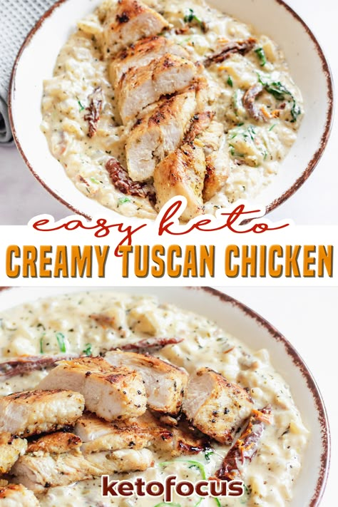 An easy low carb chicken dinner you can make in minutes, this creamy keto tuscan chicken hits the spot when you are in the mood for Italian flavors. Creamy keto tuscan chicken is the perfect weeknight dinner recipe since it’s easy to make, comes together quickly and is made using one pan. Classic Italian flavors of sun-dried tomatoes, garlic and parmesan cheese are combined with spinach and chicken to make up this creamy low carb dish! | KetoFocus @ketofocus #italianketorecipes #ketofocus Ketofocus Recipes, Keto Tuscan Chicken, Keto Focus, Creamy Tuscan Chicken Recipe, Tuscan Chicken Recipe, Low Carb Dinner Chicken, Creamy Tuscan Chicken, Low Carb Low Fat Recipes, Boiled Egg Diet Plan