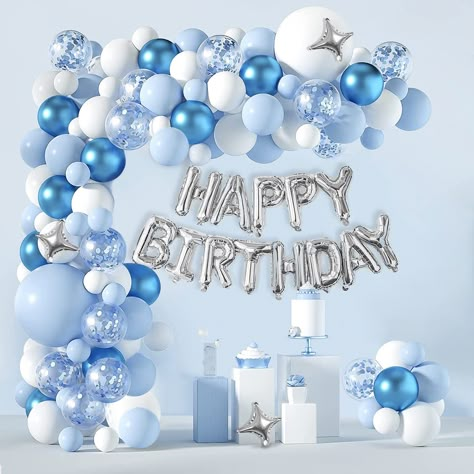 PRICES MAY VARY. White Blue Balloons Garland Arch Kit---Blue and white balloons are ideal for any party. Add these pretty and unique Blue balloons to your party, and they can add a mysterious and noble atmosphere to your party, it includes 1pc 3D Foil Happy Birthday Banner, 3pcs 10" Foil Balloons, 2pcs 18"balloons, 18pcs 12"balloons, 30pcs 10"Balloons, 25pcs 5" balloons, and comes with a strong pump and balloon garland accessories. Enough quantity and different sizes will meet the needs of your Color Blue Birthday Theme, Light Blue Birthday Decorations, Balloon Arch Blue, White And Blue Birthday Theme, Blue Silver Party, Blue Color Birthday Theme, Blue Aesthetic Birthday Party, Blue And White Balloons, Sweet Sixteen Blue Theme