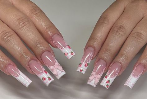 Pearl Nails Gel, Acrylics Aesthetic, Short Pink Acrylic Nails, Nails Short Pink, Strawberry Coquette, Nails Gel Acrylic, Nails Pink Acrylic, Acrylic Nails Pink, White Strawberry