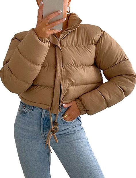 Arssm Women's Cropped Puffer Jacket Quilted Long Sleeve Stand Collar Zipper Drawstring Hem Winter Down Coat(Khaki-M) at Amazon Women's Coats Shop Puffy Long Sleeves, Winter Coat Short, Slim Jacket, Crop Top Jacket, Elegant Blazers, Cropped Puffer Jacket, Winter Outwear, Cozy Coats, Womens Jackets