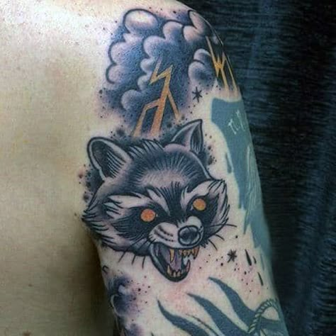 Cloud Tattoos For Men, Racoon Tattoo, Cloud Tattoos, Storm Tattoo, Raccoon Tattoo, Tattoo Trash, Small Tats, Traditional Tattoo Sleeve, Cloud Tattoo