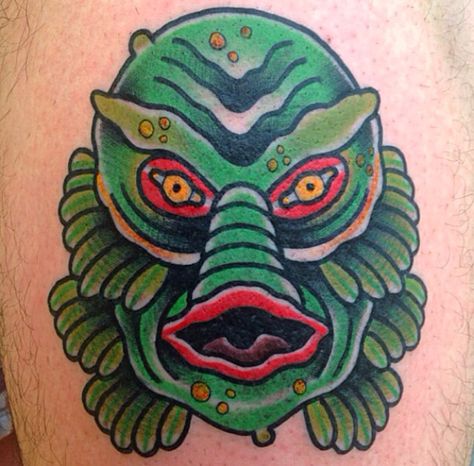 perjtattoo. Swamp thing. I love the line work and colors. I love this style. Swamp Thing Tattoo, Swamp Scene Tattoo, Florida Swamp Tattoo, Traditional Cryptid Tattoo, Universal Monsters Tattoo, Traditional Monster Tattoo, Scarecrow Tattoo, Monster Tattoo, Sailor Moon Tattoo