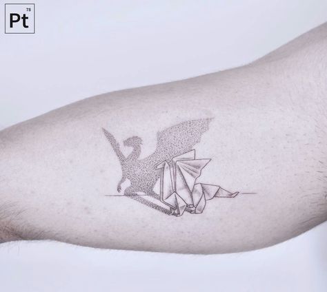 Paper Crane Tattoo Manacled, Origami Dragon Tattoo, Dragon Fine Line Tattoo, Origami Tattoo Ideas, Origami Crane Tattoo, Fine Line Dragon Tattoo, Paper Crane Tattoo, Pointillism Tattoo, Arm Tattoos Drawing