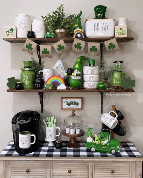 Dining Room Hutch Decor, March Decor, Diy St Patricks Day Decor, Holiday Coffee Bar, February Decor, Bar Hutch, Seasonal Room, Irish Kitchen, St Patricks Decorations