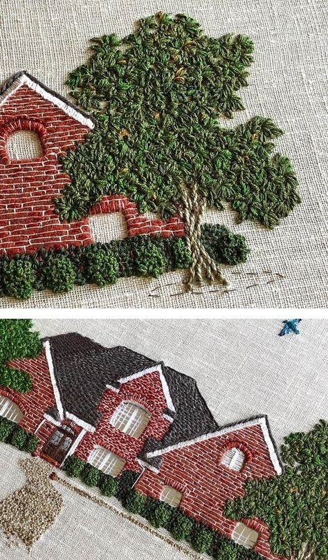 Hand Embroidery House Design, Embroidered Houses Pattern, Brick Embroidery, House Embroidery Pattern, Houses Embroidery, House Embroidery, Embroidery Book, Pola Sulam, Embroidery On Clothes