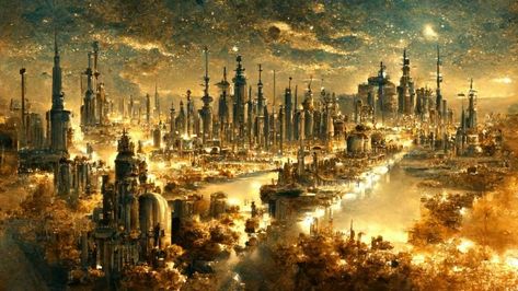 Golden Castle Fantasy Art, Gold City Fantasy Art, Time Travel Art Fantasy Inspiration, Golden City Fantasy Art, Mallikarjuna Swamy, City Of Gold, Steampunk City, Surealism Art, Stone City