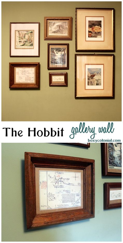 The Hobbit Gallery Wall with J.R.R. Tolkien Illustrations Hobbit Style Bedroom, Nerdy Wall Decor, Diy Hobbit Decor, Nerdy Gallery Wall, Hobbit Home Aesthetic, Lotr Room, Hobbit Room, Hobbit Nursery, Hobbit Decor