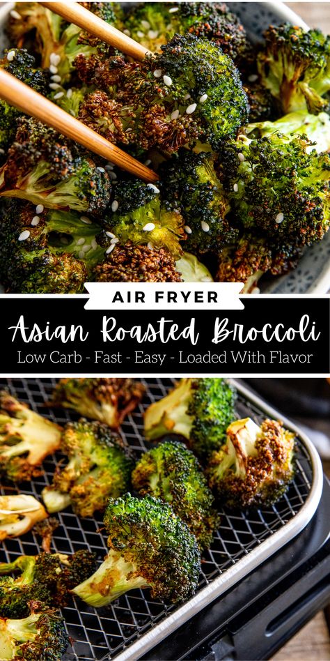 Looking for the best way to make roasted broccoli? Use the air fryer! This Air Fryer Asian Roasted Broccoli is fantastically flavorful, totally crispy, low carb and done in 15 minutes or less. Air Fryer Roasted Broccoli From Frozen, Asian Air Fryer Broccoli, Air Dry Broccoli, Roasting Broccoli In Air Fryer, Broccoli Recipes In Air Fryer, Brocolli In Airfryer, Airfried Crispy Broccoli, Air Fried Broccolini, Crispy Air Fryer Broccoli