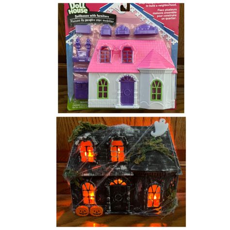 Dollar Store Doll House Halloween, Dollar Store Dollhouse Haunted House, Dollar Tree Dollhouse Makeover Halloween, Dollar Tree Dollhouse Halloween, Dollar Tree Dollhouse Makeover, Dollar Store Dollhouse, Dollar Tree Haunted House, Dollar Tree Dollhouse, Halloween Styling