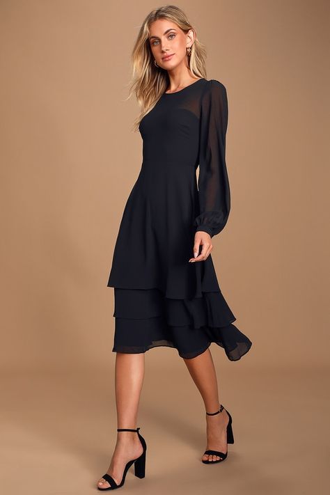 Chic Black Dress - Tiered Midi Dress - Long Sleeve Midi Dress #ad #Dress, #AD, #Black, #Chic, #Tiered Cocktail Dress With Sleeves, Black Midi Cocktail Dress, Gaun Koktail, Midi Dress Long Sleeve, Midi Wedding Dress, Silver Cocktail Dress, Long Cocktail Dress, Midi Dress Formal, Formal Dresses With Sleeves