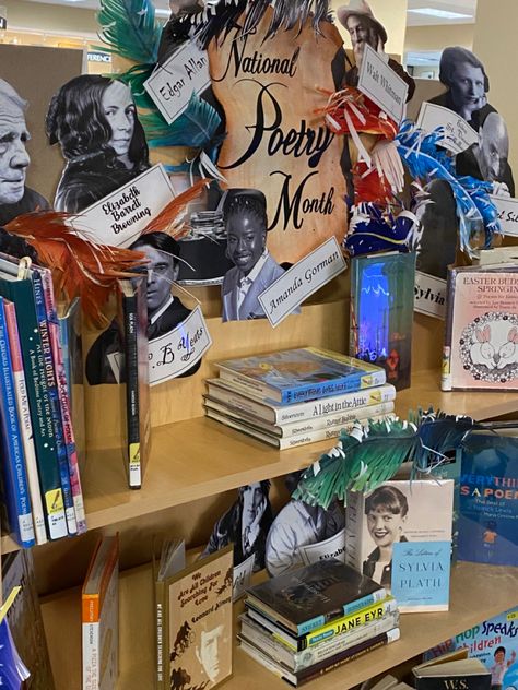 Library book display for “National Poetry Month”. Bedford Branch Library Michigan National Poetry Month Library Display, Poetry Library Display, Poetry Month Library Display, Library Desk Decor, Poetry Display, Library Resources, Library Desk, Library Media Specialist, Childrens Poems