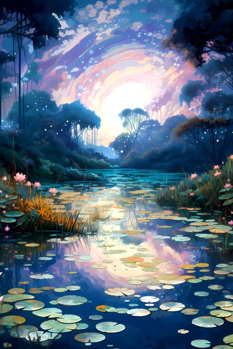 Landscape Simple, Love Wallpaper Download, Blue Magic, Night Forest, Landscape Paintings Acrylic, Lily Pond, Painting Landscape, Art Landscape, Art Studies