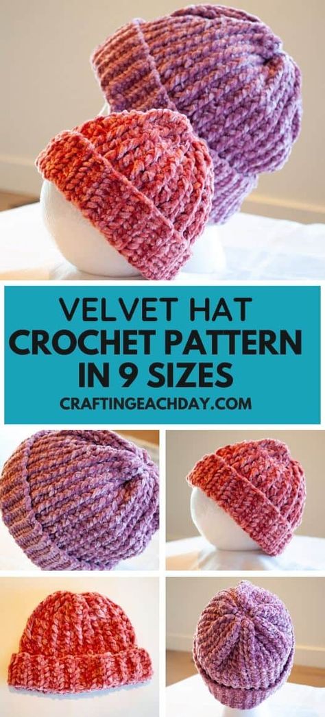 Crochet a soft and luxurious hat. The pattern includes instructions for nine sizes from baby to adult. #crochet #crochetpattern #crochethat #velvet yarn #craftingeachday Velvet Yarn Crochet, Crotchet Hat, Farm Hat, Crochet Ponytail, Ponytail Hats, Daisy Farm, Yarn Hats, Velvet Yarn, Crocheted Hats