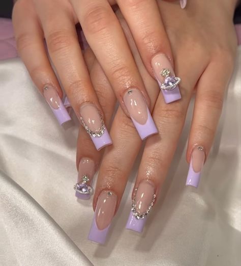 Latina Acrylic Nails Simple, White French Nails With Butterflies, Purple Charm Nails, Purple Quince Nails Flowers, Short Purple Nails With Rhinestones, Short Pink Acrylic Nails With Rhinestones, Purple Medium Nails, Lavender Nails With Rhinestones, French Tips With Crystals