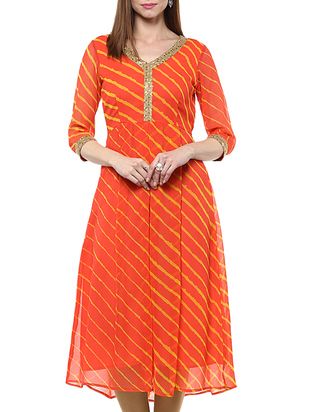 orange georgette a line kurta -  online shopping for kurtas Lehriya Kurti Designs, Lehariya Kurti Designs, A Line Kurti, Stylish Kurtis Design, Indian Kurti Designs, Cotton Blouse Design, Bandhani Dress, New Kurti Designs, Churidar Designs