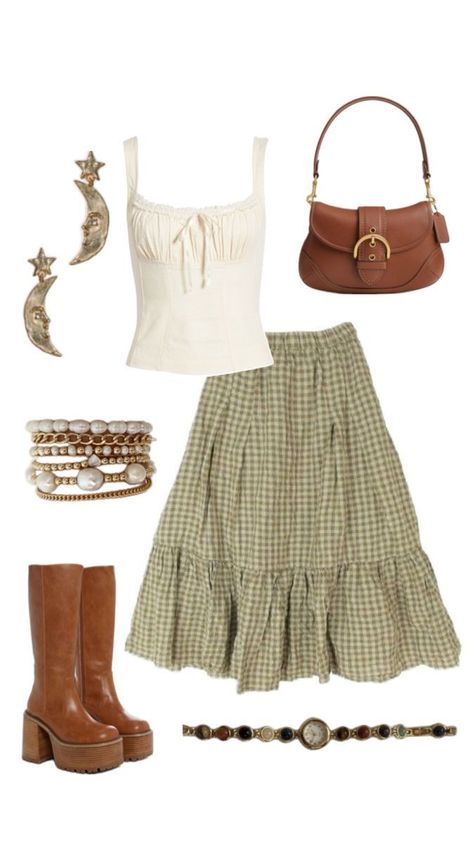 Earth Tone Concert Outfit, Folk Music Outfit, Concert Accessories Ideas, Hozier Vibes Outfit, England Aesthetic Outfit Summer, Summer Dress Autumn Outfit, Fall Fashion Inspo Outfits, Whimsical Skirt Outfit, County Outfit Ideas