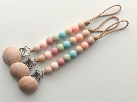 Silicone Bead Pacifier Clip, Mini Pacifier, Beaded Pacifier Clip, Wood Beads Diy, Baby Clips, Binky Clips, Soother Clips, Paci Clip, Pacifier Clips