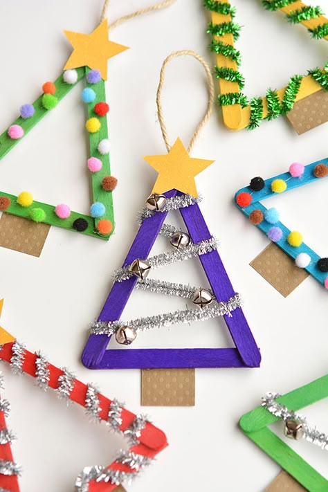 40+ Easy Christmas Crafts for Kids - Popsicle Stick Christmas Trees Rainbow Ideas, Sensory Tray, Stick Christmas Tree, Preschool Christmas Crafts, Christmas Crafts For Kids To Make, Christmas Decorations For Kids, Fun Christmas Crafts, Themed Activities, Sensory Development