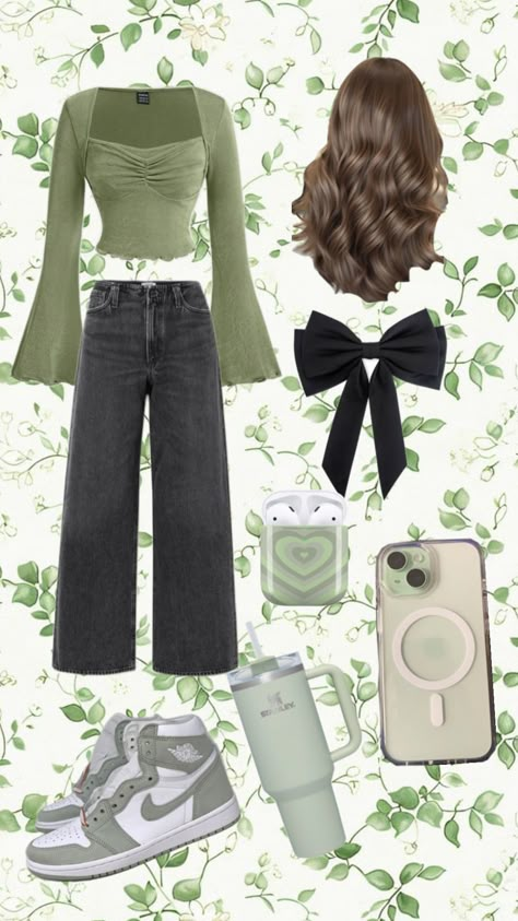 #green_fit Green Cute Outfits Korean, Outfit Ideas With Green Shirt, Green Theme Outfit, Black And Green Outfit Ideas, Green Shirt Outfit Aesthetic, Cute Green Outfits Aesthetic, Olive Green Bodysuit Outfit, Green Style Aesthetic, Green Themed Outfits