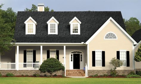 Cream House Exterior, Cream Colored Houses, Yellow House Exterior, Cottage House Designs, Radon Mitigation, Yellow Paint Colors, Style Me Pretty Living, Black Shutters, Shingle Colors