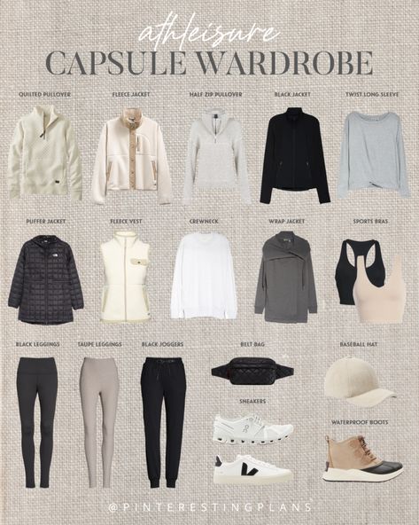 Fall Mountain Trip Wardrobe, 2024 Athleisure Trends, 2024 Capsule Wardrobe, Athleisure 2024, Modern Winter Outfits, Winter Outfits For Vacation, Athleisure Inspo, Athleisure Capsule Wardrobe, Athleisure Capsule