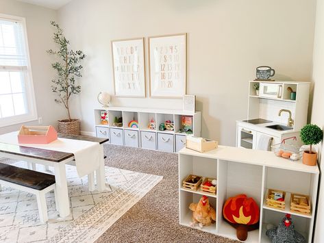 Playroom Areas Play Spaces, Toy Room Set Up Ideas, White And Wood Playroom, Open Concept Play Area, Dining Room Office Playroom, Half Playroom Half Family Room, Playroom With Art Area, Schoolroom Playroom Combo, Basement Playroom Guest Room Combo