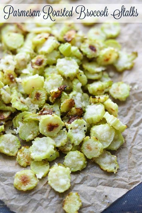 Save money – don’t throw away your broccoli stalks! These Parmesan Roasted Broccoli Stalks are so easy and even kids love them! Really! Roasted Parmesan Broccoli Stems are a great healthy snack recipe, or a quick dinner side dish recipe. These oven roasted broccoli chips are quick and easy, and they deliciously use a part of the broccoli that’s often discarded. Plus, you get some really cute, fun shapes, too – a perfect way to get your kids to eat more vegetables! | www.TwoHealthyKitchens.com Broccoli Chips, Quick Dinner Sides, Broccoli Stalks, Dinner Side Dish Recipes, Parmesan Roasted Broccoli, Broccoli Stalk, Parmesan Broccoli, Broccoli Stems, Quick Side Dishes