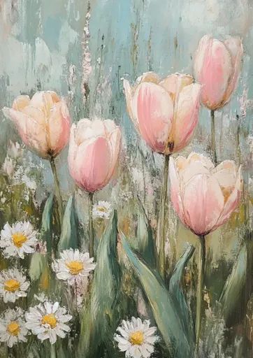 ↑↑↑ Larger size on website 🔸 A painting of pink tulips and white daisies in a field. The tulips are in the foreground, with their Tulips Oil Painting, Oil Paint Texture, Paint Texture, White Petals, Tulip Print, White Daisies, Ceramics Pottery Art, Ceramics Pottery, Pink Tulips