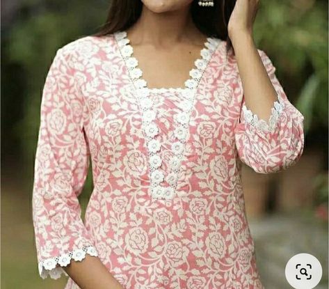 Crotia Lace Kurti, Latest Kurti Designs Pattern With Lace, Nack Design For Kurti With Lace, Neckline With Lace For Kurtis, Plain Suit Designs Indian With Lace, Cotton Suit Neck And Sleeves Design, Kurti Less Designs Latest, Hakoba Kurti Designs Latest, Kurtis With Lace Pattern