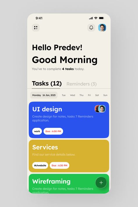 Check out the intuitive and clean mobile app design for Task Management App.

Streamline your tasks with the app and supercharge your productivity. Productivity App Design, Modern App Design, Task App, Student App, Snap App, App Wireframe, Handwritten Logo Design, Task Management App, App Design Layout