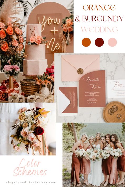 Burnt Orange And Burgundy Wedding, Orange And Burgundy Wedding, Burgundy Wine Wedding, Bridal Party Table, Pink And Burgundy Wedding, Orange Wedding Decorations, Orange Wedding Themes, Burgundy Wedding Cake, Orange And Pink Wedding