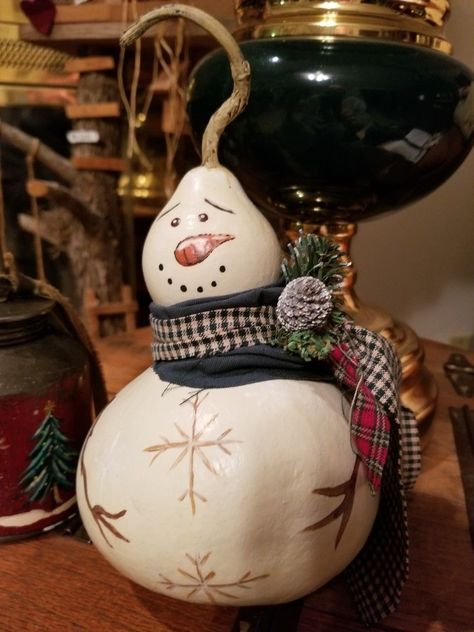 Gourd Snowman, Snowman Gnomes, Painted Lightbulbs, Gourds Diy, Christmas Gourds, Snowman Gourds, Halloween Pumpkin Crafts, Fall Gourds, Gorgeous Gourds