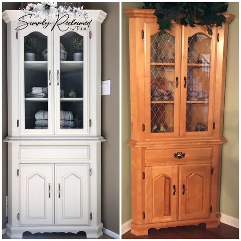 Before and After Corner Hutch Solid Maple Wood. Chalk painted in soft white and a wgite wash over gray on the inside shelves Corner Dining Room Cabinet, Corner Hutch Makeover, Corner Hutch Dining Room, Rustic Corner Cabinet, Dining Room Office Combo, Annie Sloan Chalk Paint Furniture, Hallway Shelving, Hutch Redo, Colonial House Interior