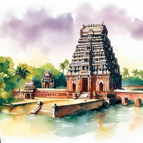 Temple Painting, Watercolor Indian, Temple Drawing, Beach Art Painting, Watercolor Paintings Nature, Art Painting Tools, Pen Art Drawings, Temple Architecture, Temple Art