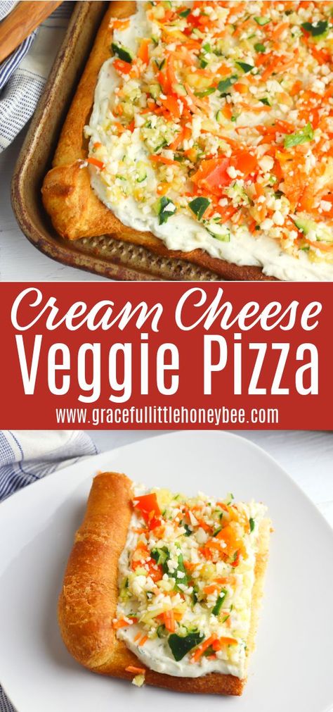 Serve this Cream Cheese Veggie Pizza chilled at your next get together for a fun dish that is sure to please even the pickiest of eaters. Find full recipe details at gracefullittlehoneybee.com Superbowl Sunday Food, Crescent Roll Veggie Pizza, Cream Cheese Pizza, Easy Summer Meal, Cheese Pizza Recipe, Crescent Roll Pizza, Apple Fritter Bread, Veggie Pizza, Summer Meal