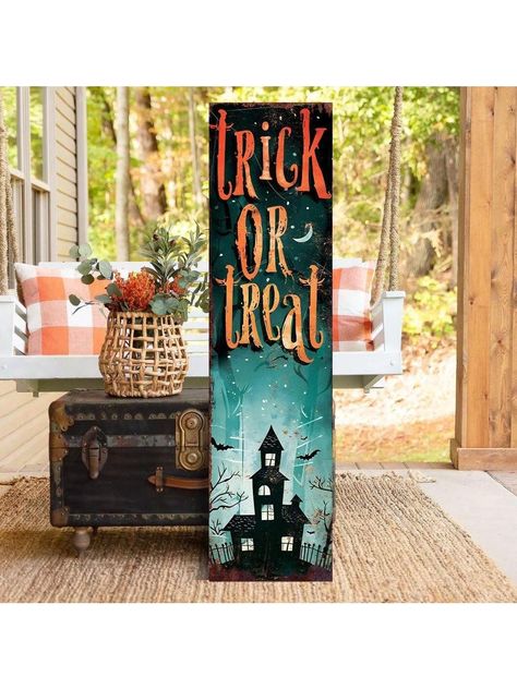 Welcome the spooky season with the 36in Trick or Treat Porch Sign, a perfect blend of vintage charm and modern farmhouse decor. This front porch Halloween welcome sign adds a festive touch to your home, making it ideal for greeting guests and trick-or-treaters. Crafted from high-quality wood, this durable sign is designed to withstand various weather conditions, ensuring it remains a standout piece year after year. The vibrant colors and classic "Trick or Treat" design capture the essence of Hal Front Porch Halloween, Halloween Welcome Sign, Porch Halloween, Halloween Yard Signs, Halloween Porch Sign, Halloween Wood Signs, Halloween Wood Crafts, Wood Pallet Art, Halloween Front Porch