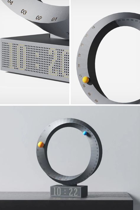 The Mobius Calendar Clock seamlessly merges art and functionality with its captivating design. Using marbles to indicate date and month on its twisted torus surface, it's a visually stunning yet easily readable timekeeping masterpiece. Learn More! Watch Packaging Design, Sensory Design, Sun Clock, Indoor Signage, Time Concept, Calendar Clock, Creative Calendar, Visual Illusion, Yellow Marble