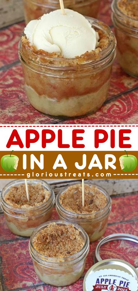 Looking for an easy fall recipe? These Apple Pies in a Jar are classic little pies that start with a buttery pastry crust packed with cinnamon apples and crumb topping. Add this recipe to your simple Fall food ideas! Apple Crumble In A Jar, Apple Crisp Mason Jar Desserts, Apple Pie Cups Recipe, Mason Jar Apple Pie, Mason Jar Pumpkin Pie, Apple Crisp In A Jar, Apple Pie Inspired Desserts, Apple Pie Dessert Cups, Fall Food Truck Ideas