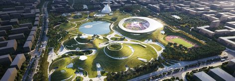 MAD brings surreal sports complex with vast green roof to China | Inhabitat - Green Design, Innovation, Architecture, Green Building Mad Architects, China Image, Earth Sheltered, Stadium Design, Sport Park, Construction Area, Famous Architects, Urban Park, Sports Complex