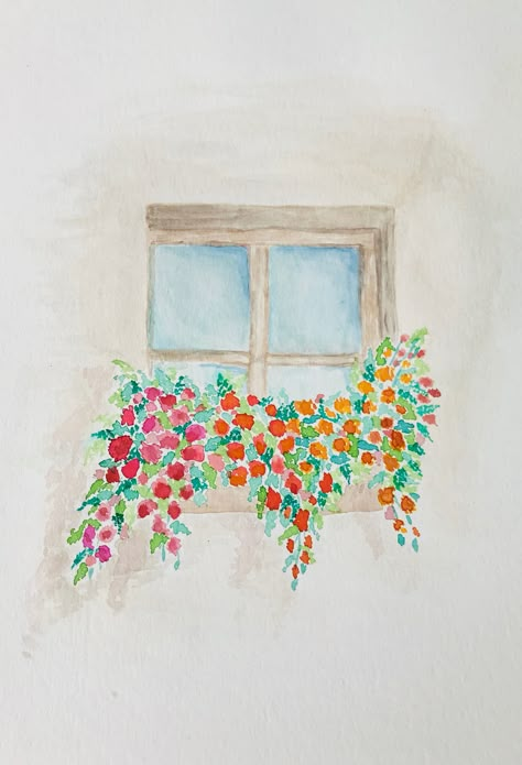 Watercolour Window Painting, Watercolor Inspo Aesthetic Easy, Aesthetic Window Painting, Window Flowers Painting, Window And Flowers Painting, Watercolor Art Window, Simplistic Watercolor Paintings, Flower Window Drawing, Floral Art Simple