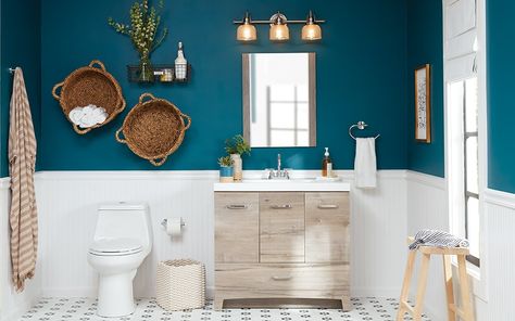 Small Dark Bathroom, Teal Bathroom Ideas, Small Bathroom Paint, Small Bathroom Design Ideas, Dark Bathroom Ideas, Home Depot Bathroom, Small Bathroom Colors, Teal Bathroom, Modern Small Bathrooms