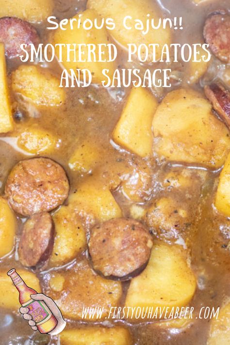 This is serious Cajun food! Inexpensive ingredients and simple processes. Potatoes and smoked sausage smothered in a rich stock with the Trinity and traditional South Louisiana seasonings. This is a great side dish but also makes a wonderful Main Dish when served over rice. Not many ingredients and simple to make, this can be on your table in about an hour! Things To Do With Smoked Sausage, Smothered Potatoes With Sausage, Cajun Smothered Potatoes And Sausage, Smoked Sausage Gumbo, Traditional Louisiana Food, Cajun Smothered Potatoes, Cajun Sausage And Potatoes, Louisiana Sausage Recipes, Smother Potatoes And Onions