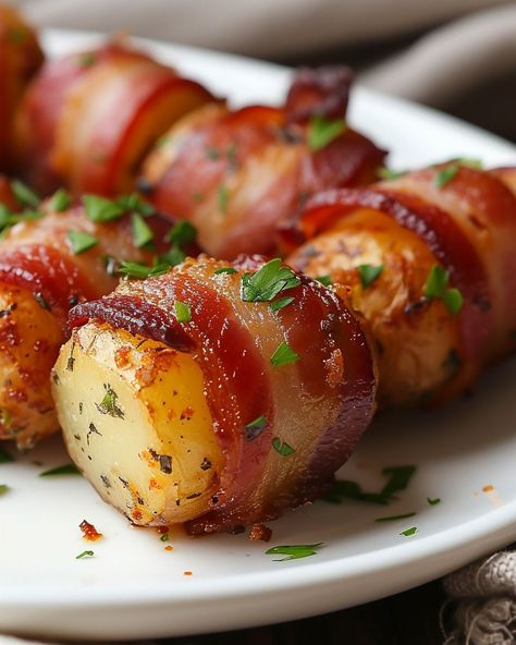 Sooo good! Whenever these are on the table, they are always the first to go! Potato Wrapped In Bacon, Bacon Wrapped Potato Bites, Potato Finger Food, Potatoe Recipe, Bacon Wrapped Potatoes, Vegetarian Bacon, Potato Casseroles, Tornado Potato, Potatoes With Bacon